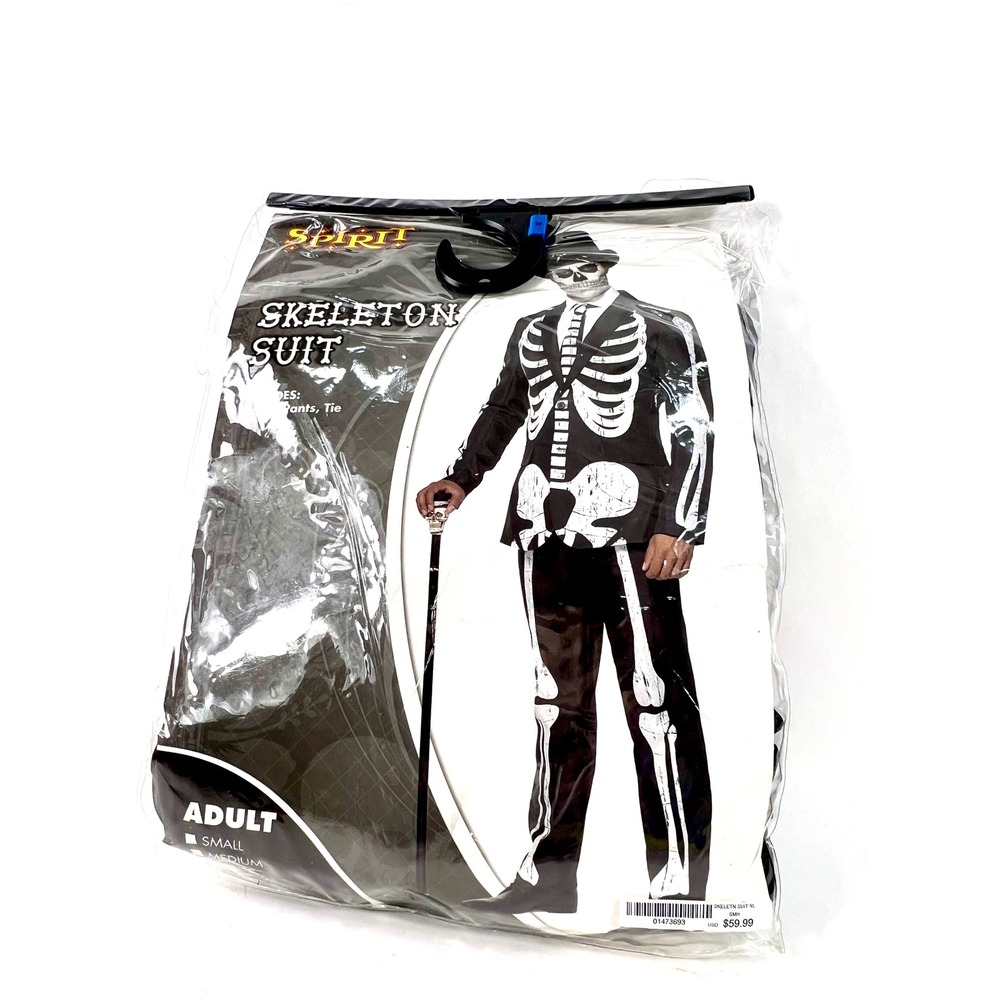 Spirit Halloween Adult Skeleton Suit Black White 3pc Jacket Pants Tie S/M